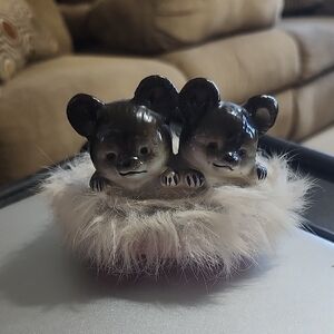 Ceramic koala bears in basket figurine with fur lined basket. Vintage Japan